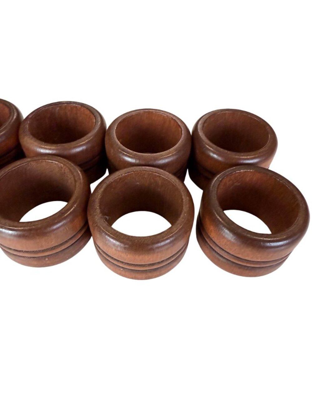 Vintage Wood Napkin Rings Set Of 8 Grooved Design Rustic Brown Finish - Picture 6 of 6